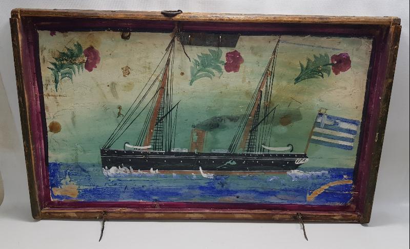 OSMANLI DÖNEMİ EL BOYAMA YUNAN BAYRAKLI GEMİ RESİMLİ SANDIK KAPAĞI