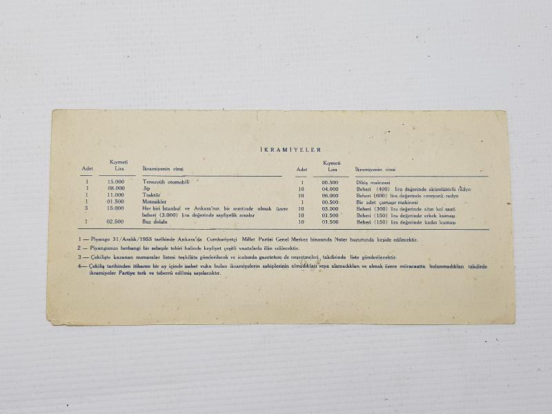 1955 CUMHURİYETÇİ MİLLET PARTİSİ EŞYA PİYANGOSU