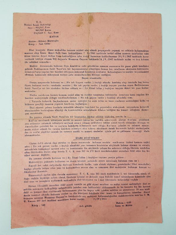 1961 TARİHLİ BEDİUZZAMAN SAİD NURSİ BİLDİRGESİ 