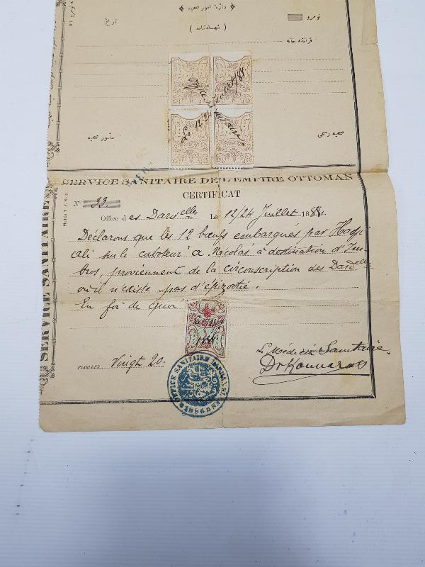 OSMANLICA VE FRANSIZCA ÇOK NADİR HUDUT VE SAHİLLER SAĞLIK GENEL MÜDÜRLÜĞÜ ŞEHADETNAMESİ