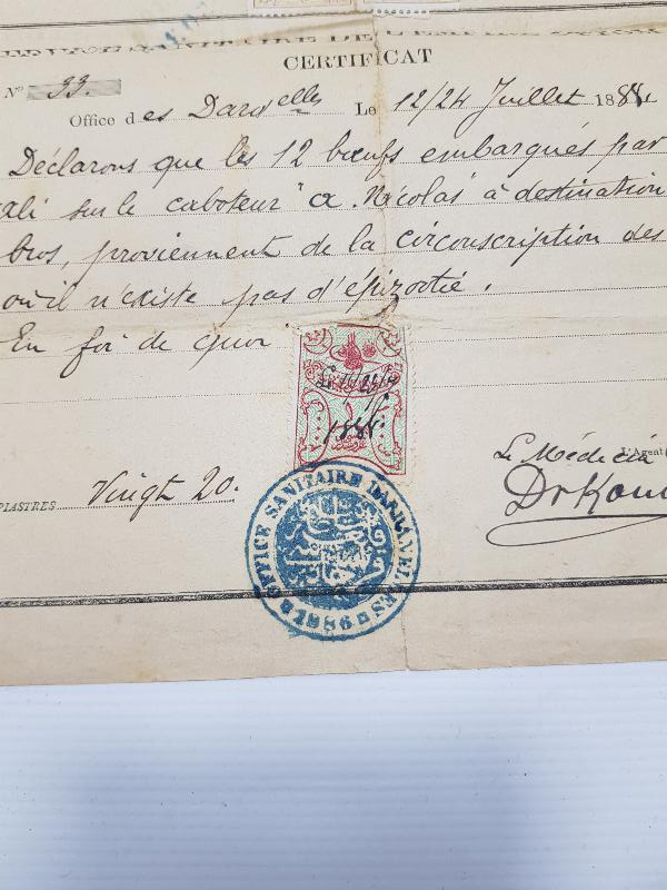 OSMANLICA VE FRANSIZCA ÇOK NADİR HUDUT VE SAHİLLER SAĞLIK GENEL MÜDÜRLÜĞÜ ŞEHADETNAMESİ