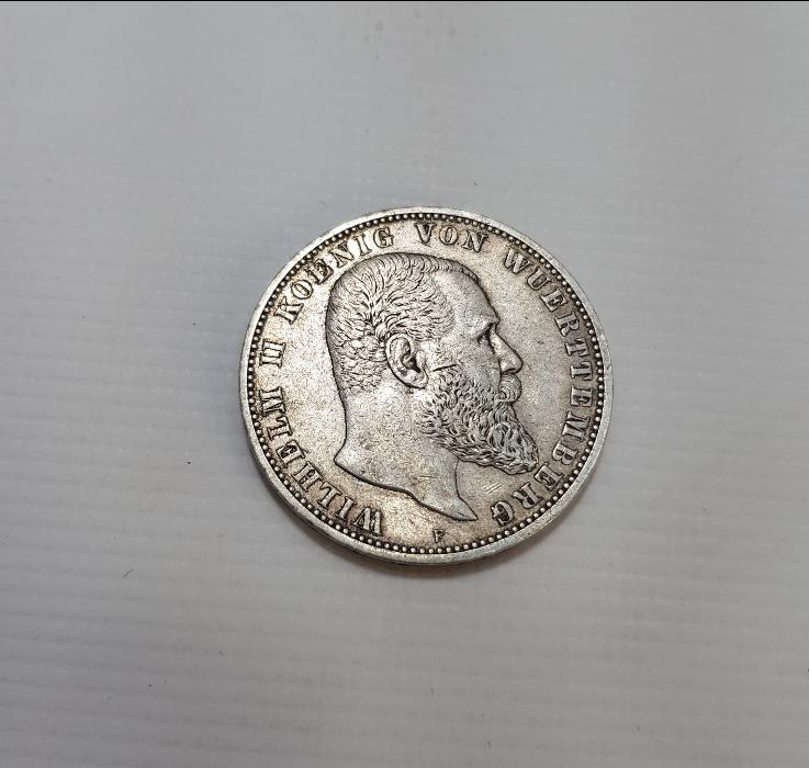 1899 WILHELM II KOENIG VON WUERTTEMBERG DEUTSCHES REICH SİLBER FÜNF MARK 