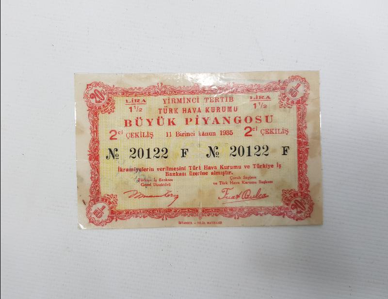 1935 TARİHLİ TÜRK HAVA KURUMU PİYANGO BİLETİ 