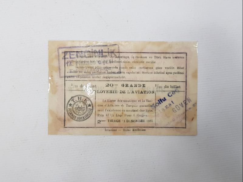 1935 TARİHLİ TÜRK HAVA KURUMU PİYANGO BİLETİ 