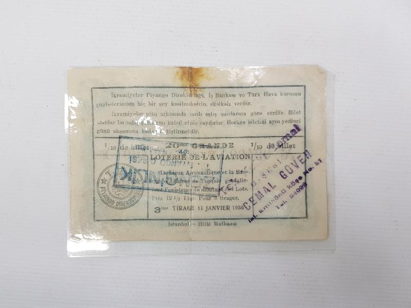 1936 TÜRK HAVA KURUMU BÜYÜK PİYANGOSU BİLETİ 