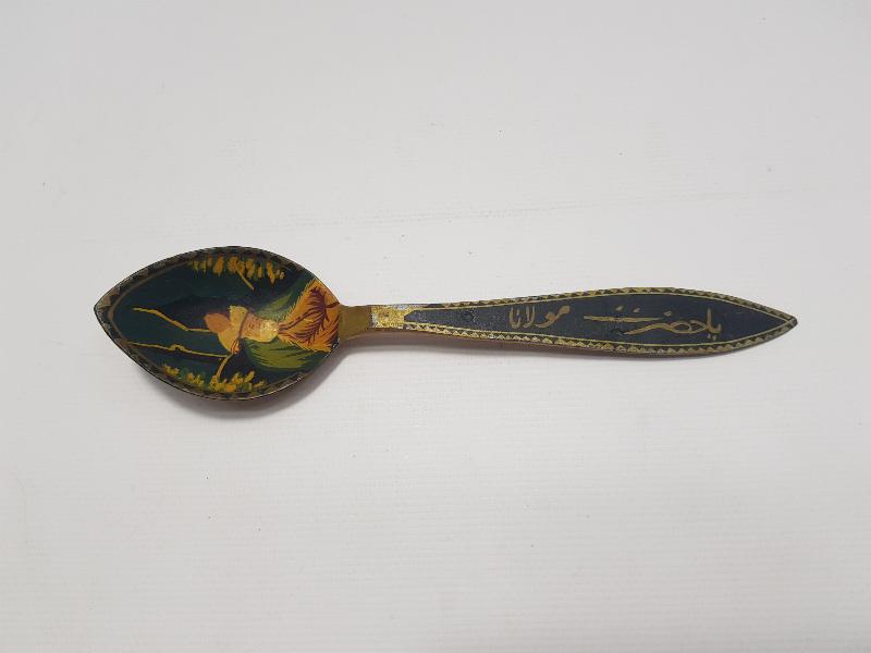 EL BOYAMA HAZRETİ MEVLANA GÖRSELLİ VE OSMANLICA YAZILI KONYA İŞİ AHŞAP KAŞIK 