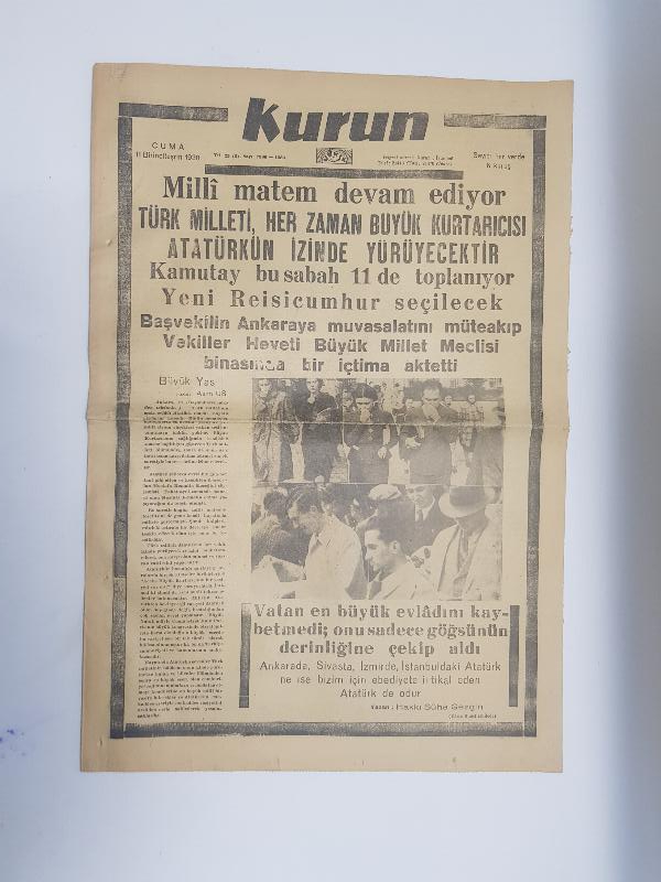 GAZİ MUSTAFA KEMAL ATATÜRK'ÜN VEFATI 11 KASIM 1938 KURUN GAZETESİ