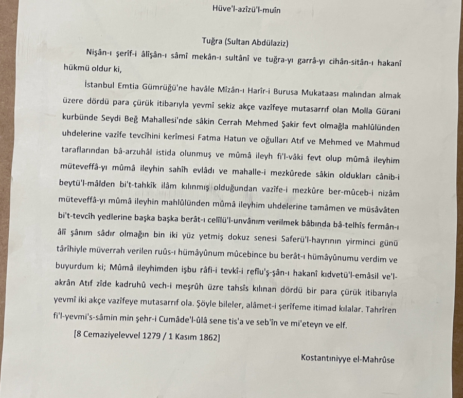 TUĞRASI EL ÇEKME ABDÜLAZİZ HAN DÖNEMİ BURSA İLE İLGİLİ FERMAN