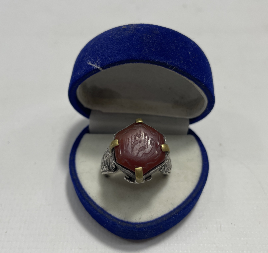 AKİK ÜZERİ EL KAZIMA DUALI GÜMÜŞ TÜRKMEN İŞİ YÜZÜK