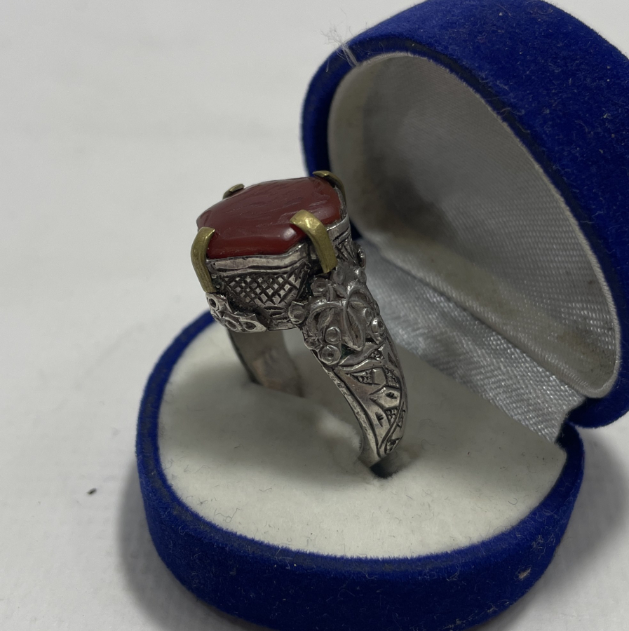 AKİK ÜZERİ EL KAZIMA DUALI GÜMÜŞ TÜRKMEN İŞİ YÜZÜK