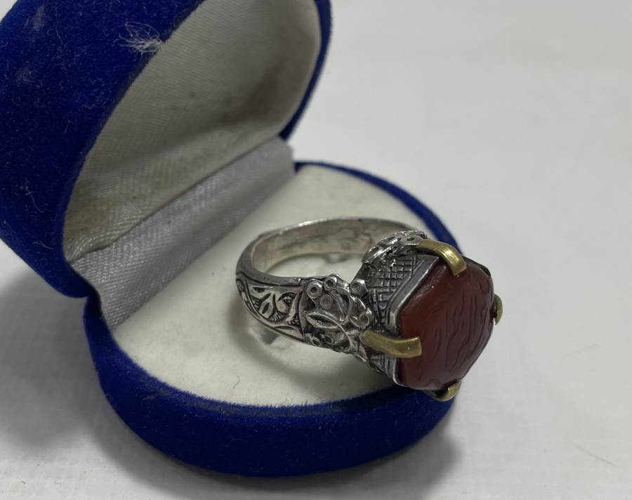 AKİK ÜZERİ EL KAZIMA DUALI GÜMÜŞ TÜRKMEN İŞİ YÜZÜK