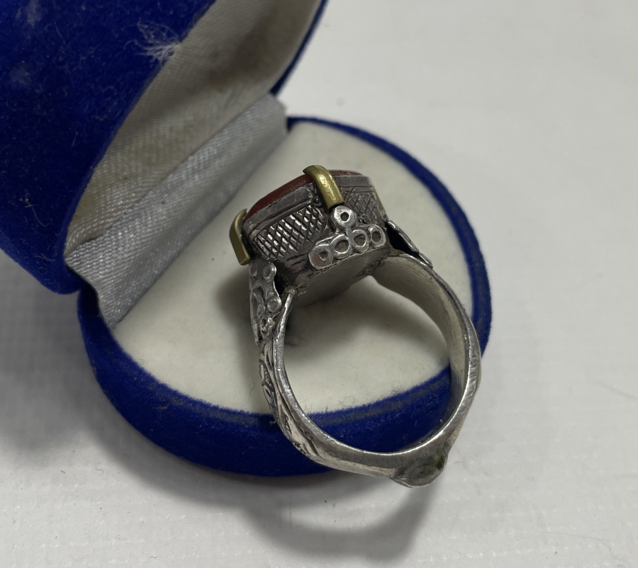 AKİK ÜZERİ EL KAZIMA DUALI GÜMÜŞ TÜRKMEN İŞİ YÜZÜK