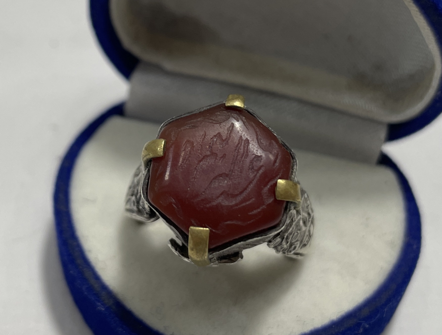 AKİK ÜZERİ EL KAZIMA DUALI GÜMÜŞ TÜRKMEN İŞİ YÜZÜK