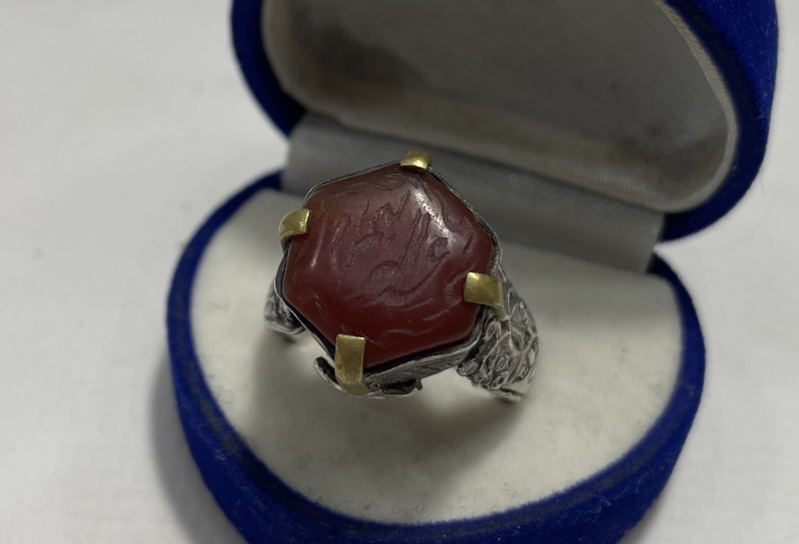 AKİK ÜZERİ EL KAZIMA DUALI GÜMÜŞ TÜRKMEN İŞİ YÜZÜK