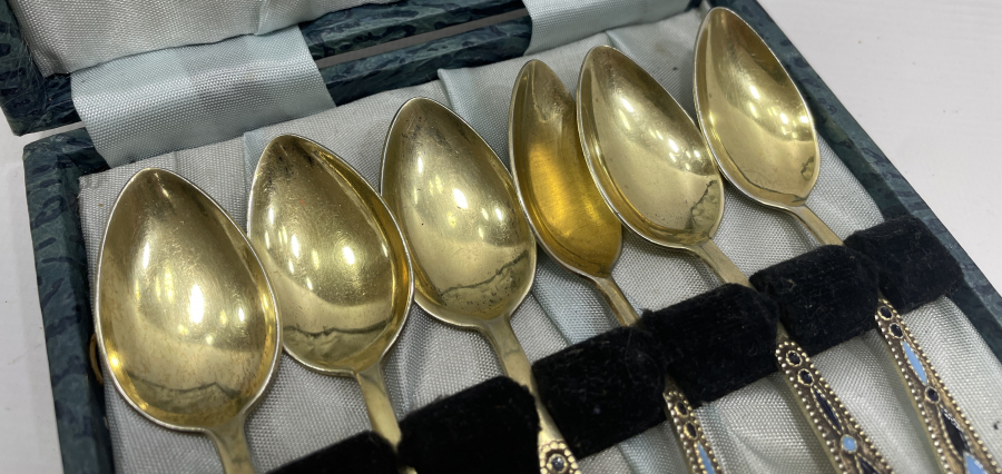 ORJİNAL KUTUSUNDA MİNELİ RUS GÜMÜŞÜ TATLI KAŞIĞI TAKIMI