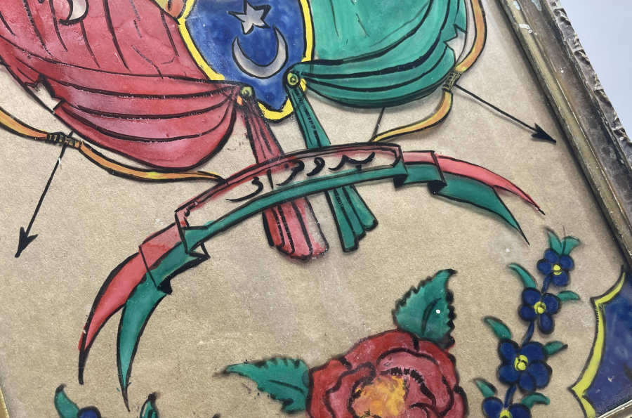 ÜZERİNDE OSMANLI DEVLET ARMASI BULUNAN ÇOK NADİR CAM ALTI LEVHA