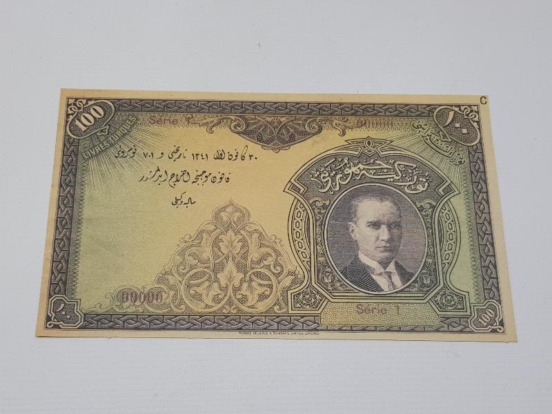 T.C. 1. EMİSYON OSMANLICA YAZILI 100 LİRA MATBU BASKI