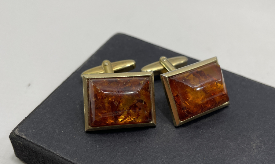 DAMLA KEHRİBAR TAŞLI ALTIN KAPLAMA ÖZEL YAPIM ANTİKA KOL DÜĞMESİ