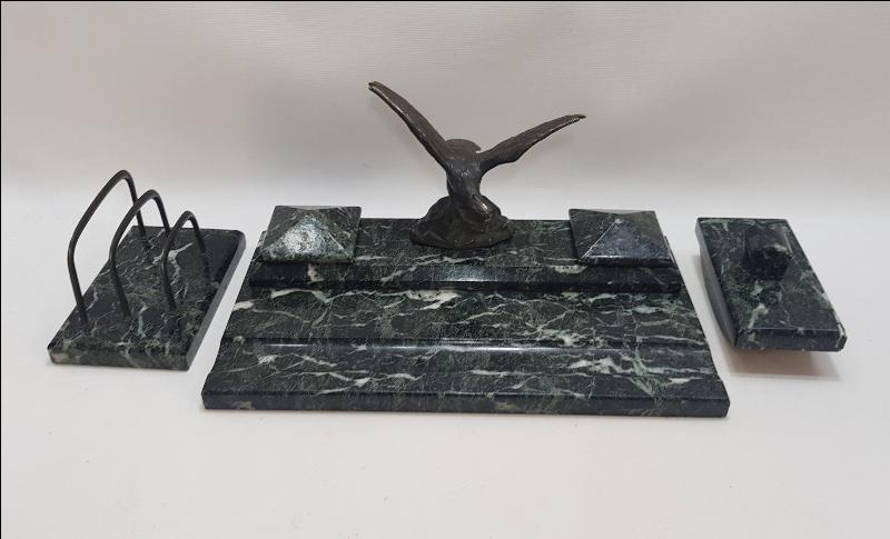 OSMANLI DÖNEMİ BRONZ KARTAL HEYKELLİ MERMER HOKKA TAKIMI