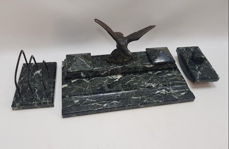 OSMANLI DÖNEMİ BRONZ KARTAL HEYKELLİ MERMER HOKKA TAKIMI