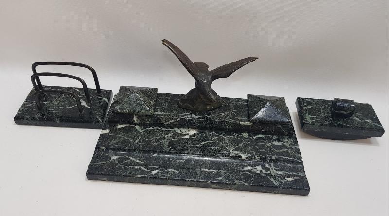 OSMANLI DÖNEMİ BRONZ KARTAL HEYKELLİ MERMER HOKKA TAKIMI