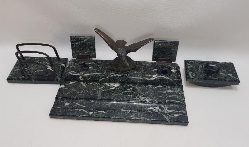 OSMANLI DÖNEMİ BRONZ KARTAL HEYKELLİ MERMER HOKKA TAKIMI