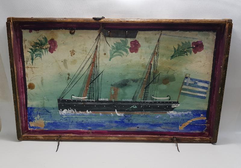 OSMANLI DÖNEMİ EL BOYAMA YUNAN BAYRAKLI GEMİ RESİMLİ SANDIK KAPAĞI
