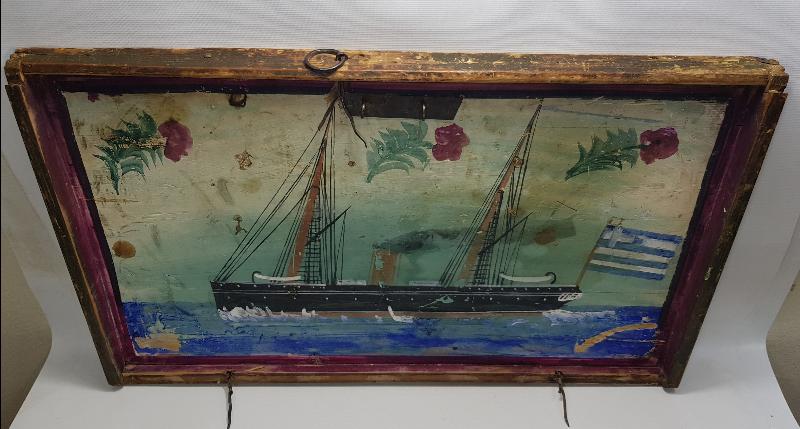 OSMANLI DÖNEMİ EL BOYAMA YUNAN BAYRAKLI GEMİ RESİMLİ SANDIK KAPAĞI