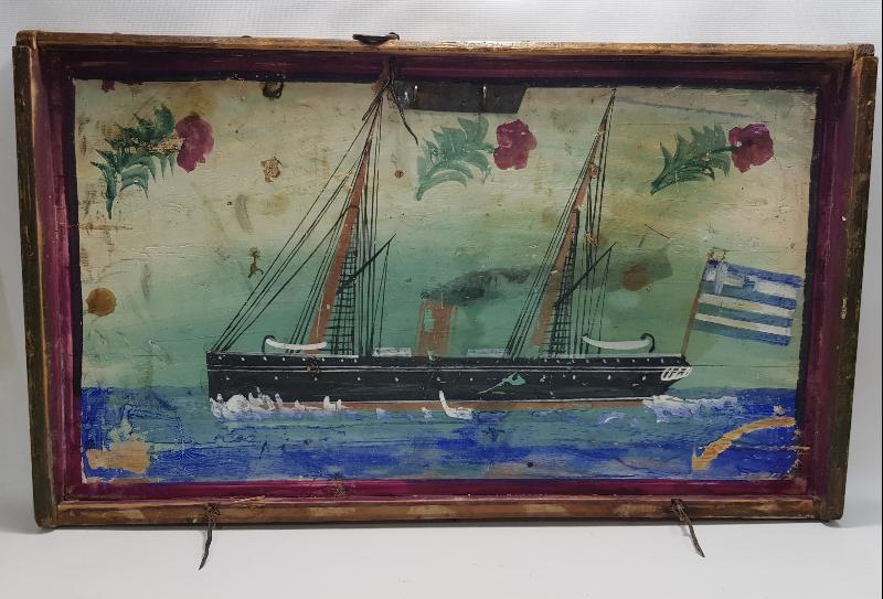 OSMANLI DÖNEMİ EL BOYAMA YUNAN BAYRAKLI GEMİ RESİMLİ SANDIK KAPAĞI