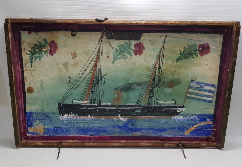 OSMANLI DÖNEMİ EL BOYAMA YUNAN BAYRAKLI GEMİ RESİMLİ SANDIK KAPAĞI