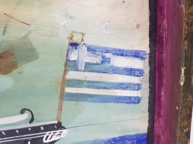 OSMANLI DÖNEMİ EL BOYAMA YUNAN BAYRAKLI GEMİ RESİMLİ SANDIK KAPAĞI