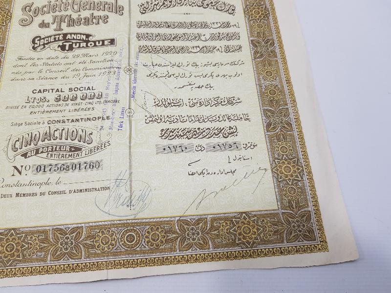 ÇOK NADİR OSMANLICA TİYATRO HİSSE SENEDİ