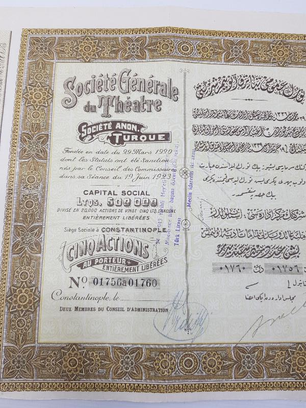 ÇOK NADİR OSMANLICA TİYATRO HİSSE SENEDİ