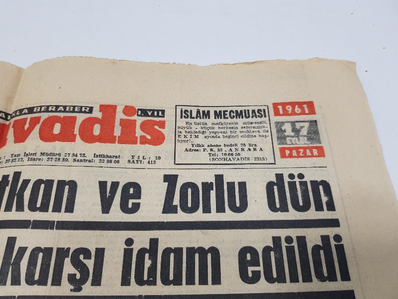 17 EYLÜL 1961 TARİHLİ MENDERES'İN İDAMI KONULU GAZETE