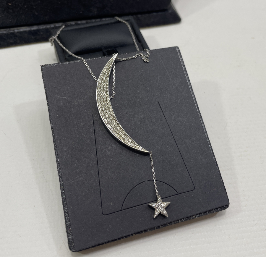 ÜZERİ MARGAZİT TAŞLI AY YILDIZLI GÜMÜŞ KOLYE