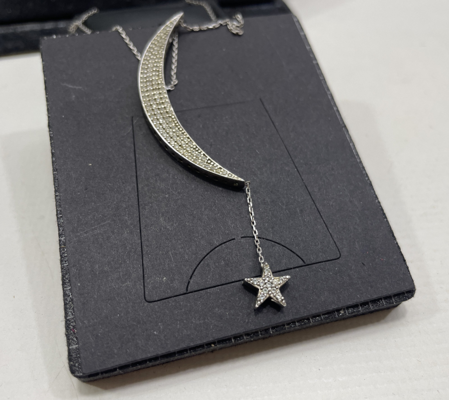 ÜZERİ MARGAZİT TAŞLI AY YILDIZLI GÜMÜŞ KOLYE