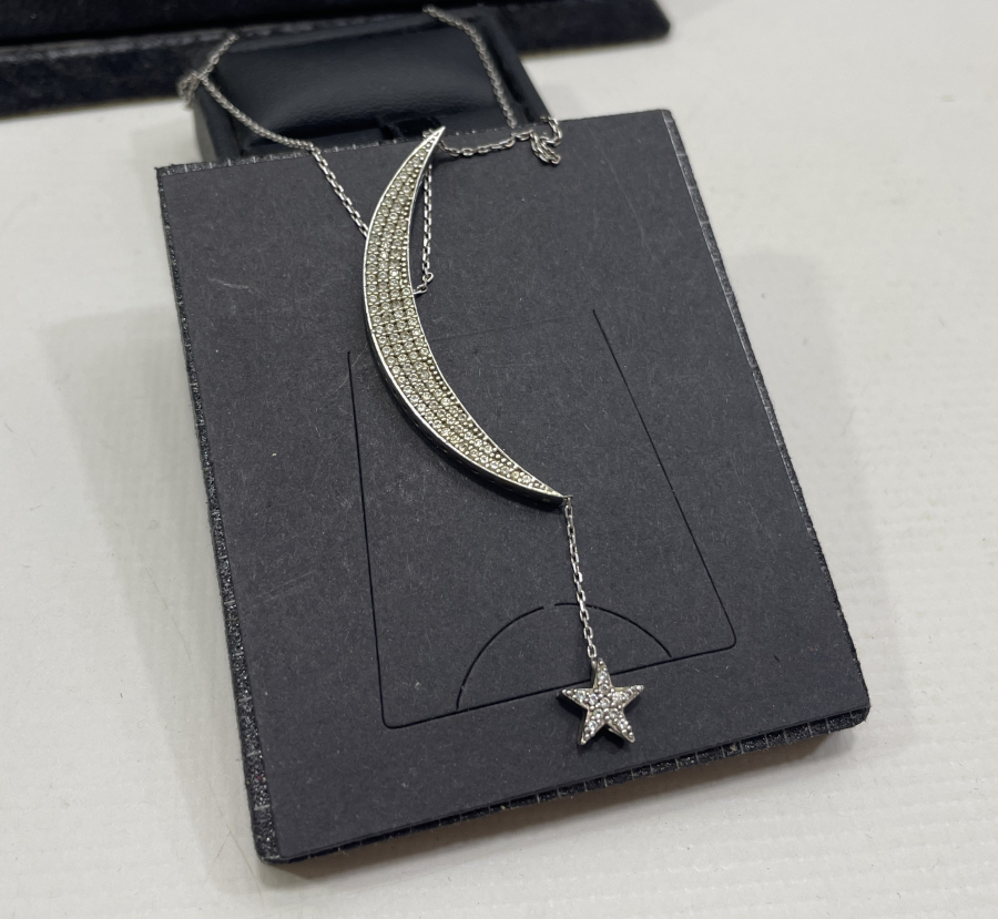 ÜZERİ MARGAZİT TAŞLI AY YILDIZLI GÜMÜŞ KOLYE