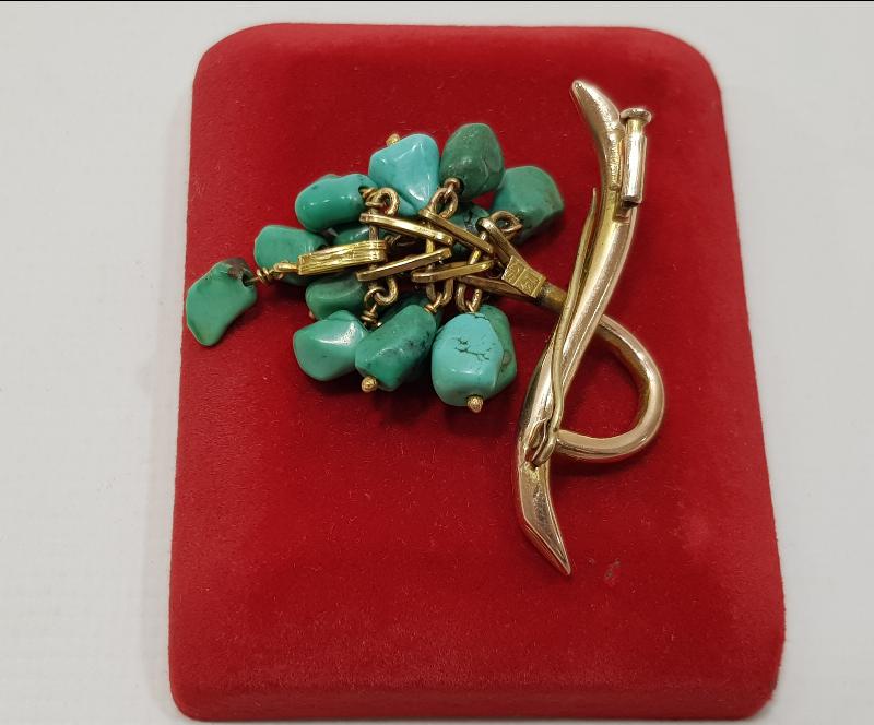 TURKUAZ TAŞLARLA SÜSLÜ ALTIN BROŞ 