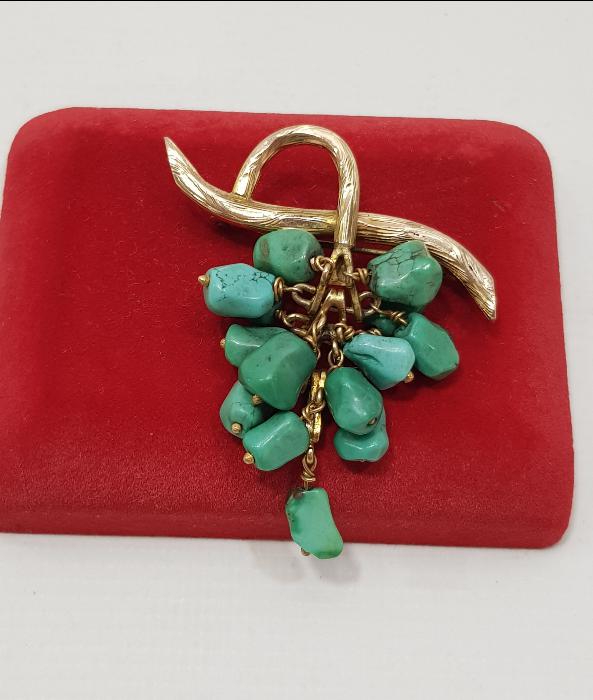 TURKUAZ TAŞLARLA SÜSLÜ ALTIN BROŞ 