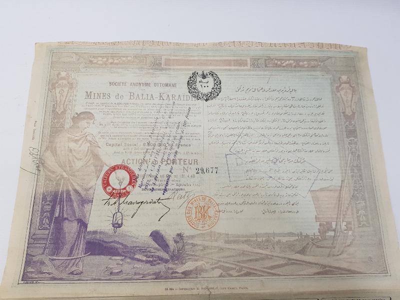 OSMANLI DÖNEMİ BALIKESİR BALYA KARAAYDIN MADENLERİ HİSSE SENEDİ