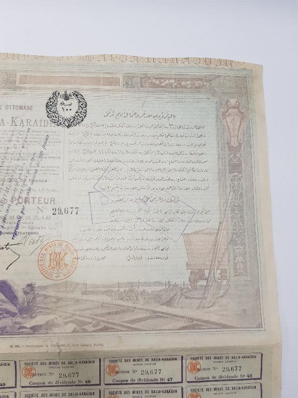 OSMANLI DÖNEMİ BALIKESİR BALYA KARAAYDIN MADENLERİ HİSSE SENEDİ