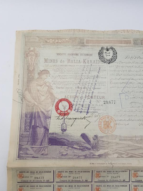 OSMANLI DÖNEMİ BALIKESİR BALYA KARAAYDIN MADENLERİ HİSSE SENEDİ