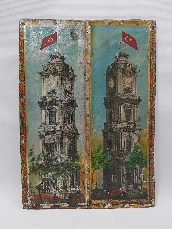 OSMANLI DÖNEMİ DOLMABAHÇE SAAT KULESİ RESİMLİ TENEKE PANO