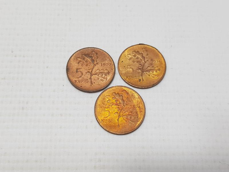 1970-1974 TARİHLİ ÜÇ ADET BAKIR 5 KURUŞ