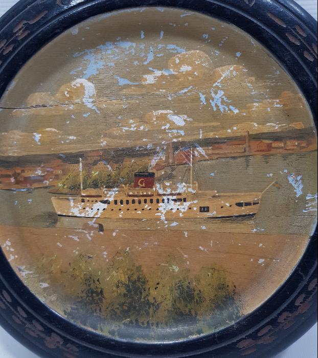 1900'LERDEN AHŞAP ÜZERİ ALMAN GEMİ RESMİ 