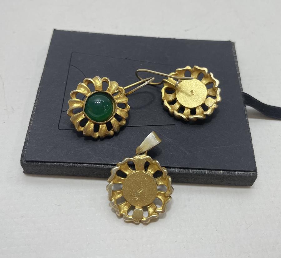 GÜMÜŞ ÜZERİ ALTIN KAPLAMA YEŞİM TAŞLI TAKIM