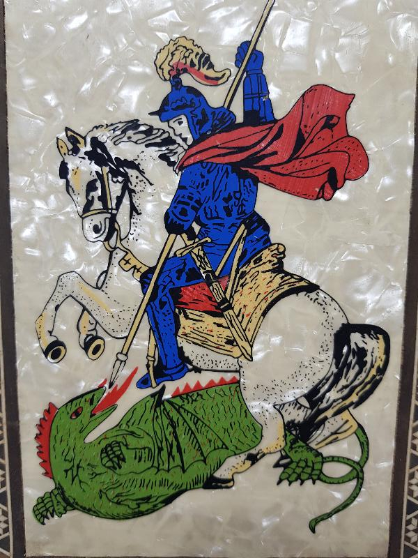 ANTİKA, MARKÜTERİ İŞÇİLİKLİ, EJDERHA ÖLDÜREN AZİZ TEMALI, ÜZERİ DUA YAZILI SEDEF PANO