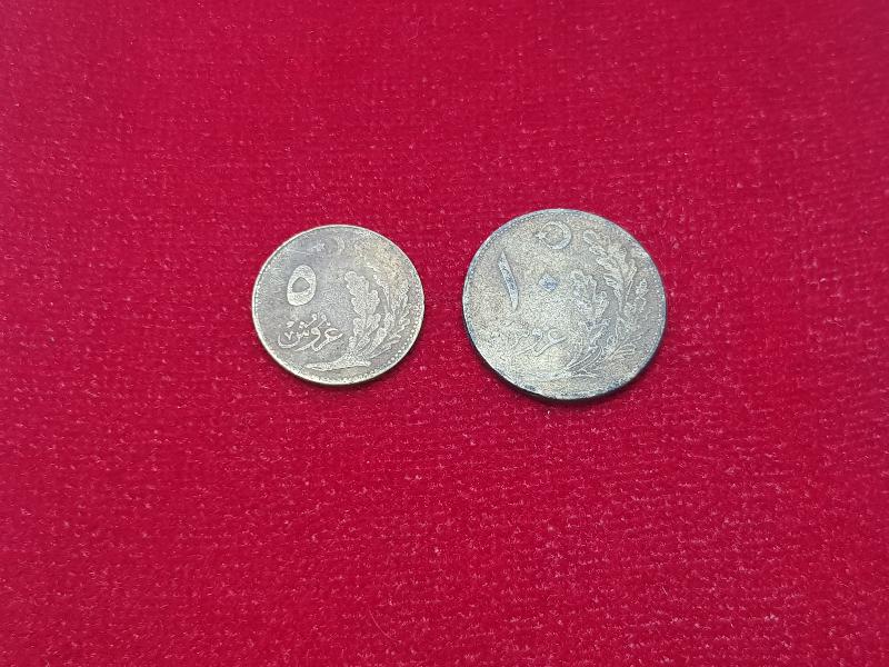 CUMHURİYET İLK DÖNEM OSMANLICA YAZILI 5 KURUŞ VE 10 KURUŞ