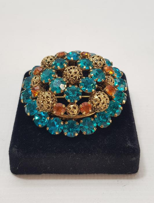 ÜZERİ MAVİ VE TURUNCU TAŞLARLA SÜSLÜ ANTİKA BROŞ 