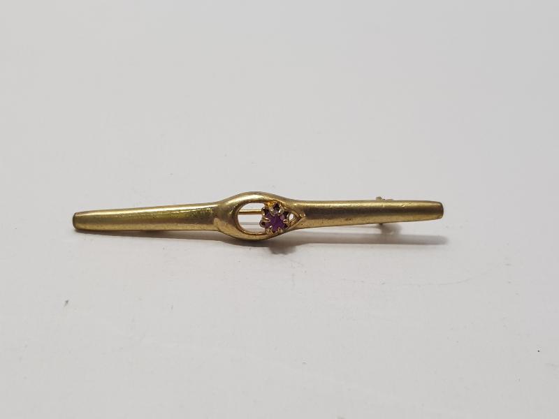 YAKUT TAŞLI ALTIN KAPLAMA ANTİKA BROŞ 